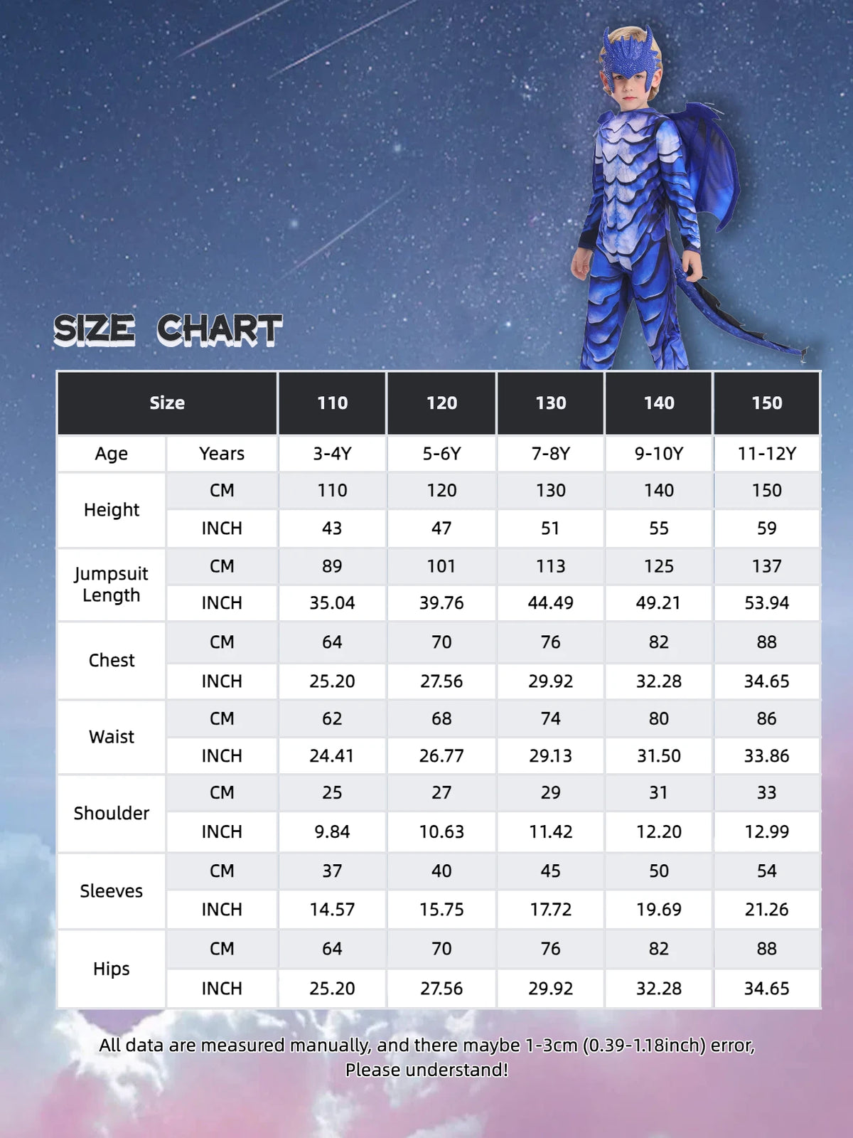 Blue Dragon Costume for Kids with Scale Print Jumpsuit, Wings, Padded Tail and Horned Mask for Halloween, Carnival and Fantasy Dress-Up