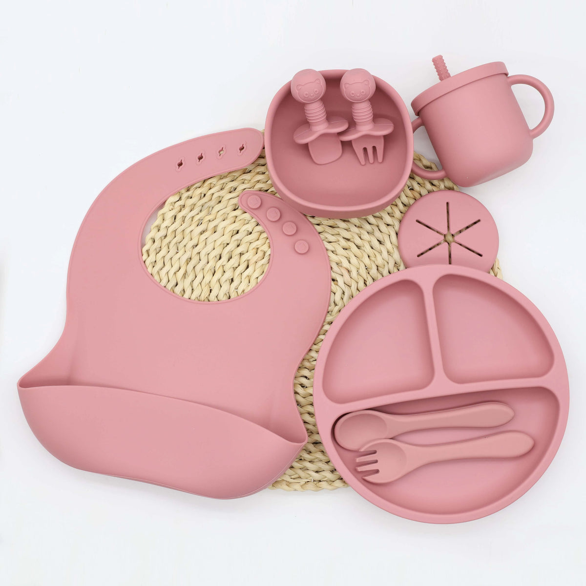 Baby Silicone Tableware Set, 9-Piece Mealtime Collection with Divided Plate, Suction Bowl, Pocket Bib, 2-in-1 Cup and Utensils in Four Colors