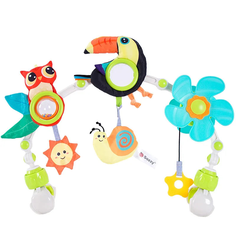 Musical Baby Toy Arch with Animal Rattle, Mirror and Spinning Windmill, Foldable Clip-On Sensory Activity Bar for Compatible Strollers