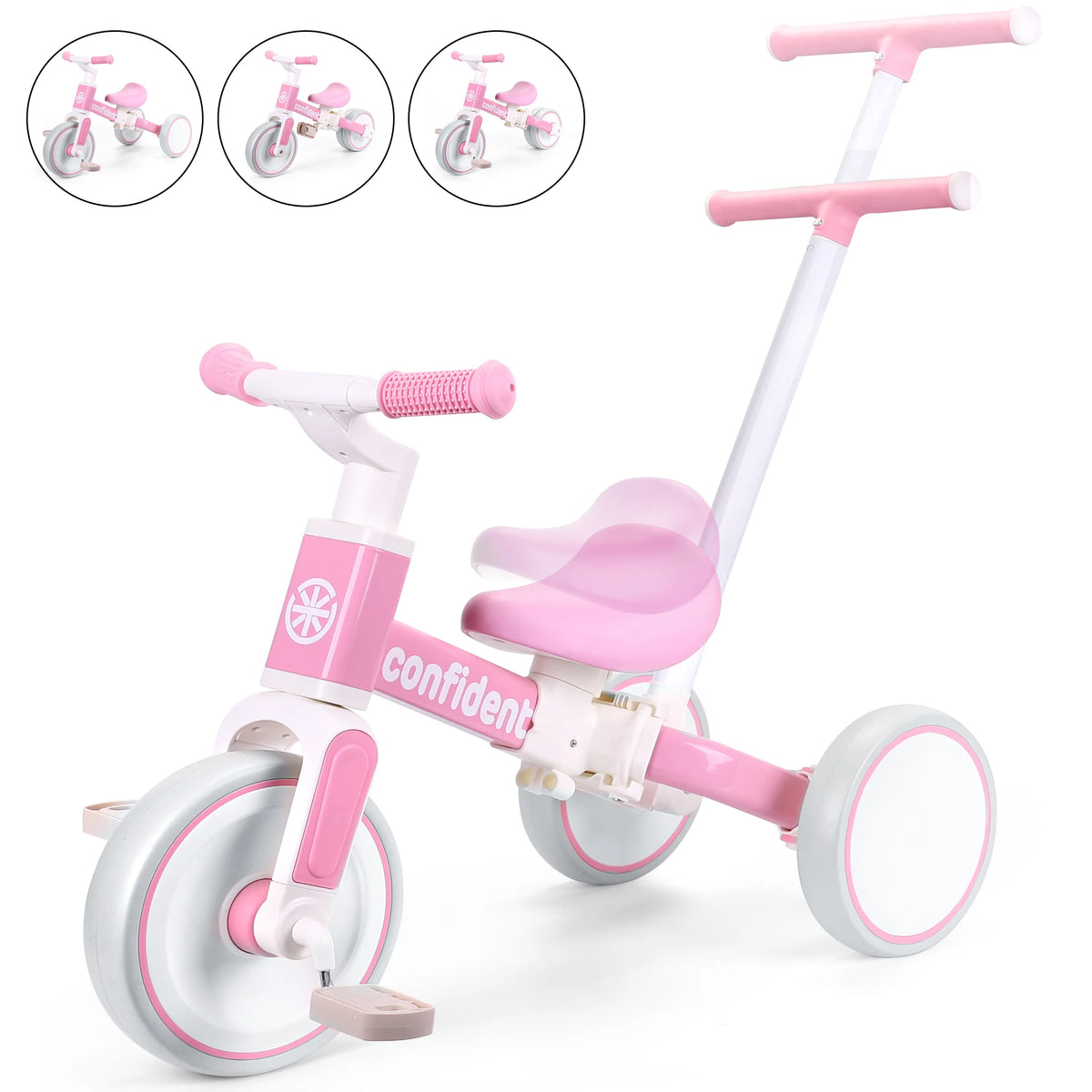 Toddler Tricycle 3-in-1 with Parent Push Handle, Pink Ride-On with Quiet EVA Wheels, Carbon Steel Frame and Adjustable Seat for Ages 1ā4
