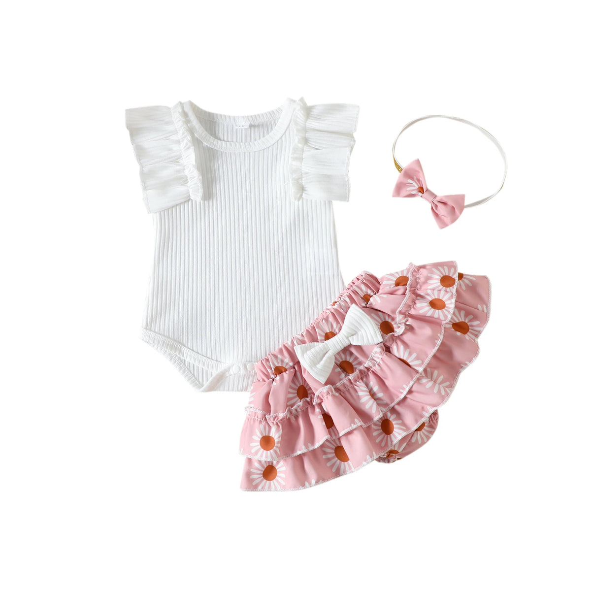 Infant Girls Summer Clothing Set with Ruffle Sleeve Ribbed Romper, Floral Bow Shorts and Matching Headband, 3-Piece Outfit for 0-24 Months