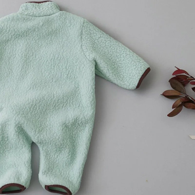 Zip Front Baby Fleece Romper by MILANCEL with Contrast Chest Pocket, Long Sleeve Footless One-Piece Outerwear in Brown, Beige and Green, 3-24M