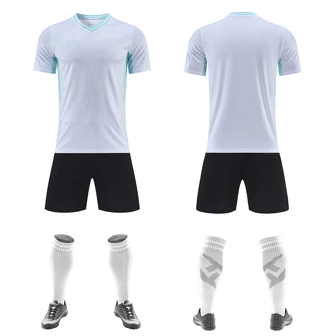 Kids Soccer Training Outfit with Short Sleeve V-Neck Jersey and Shorts, Contrast Trim Sports Clothing Set for Boys and Girls, Youth and Adult Sizes