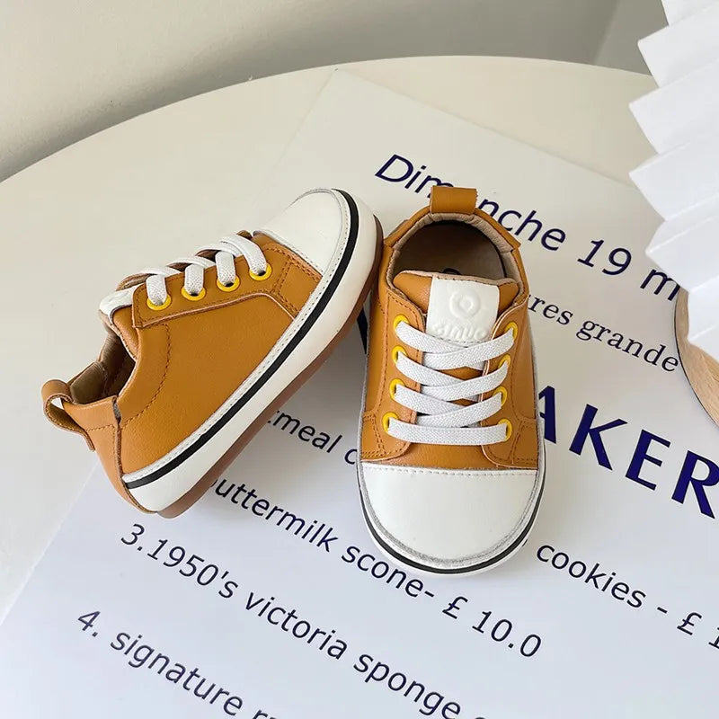 Toddler Colorful Eyelet Sneakers with Lace-Up Front and Contrast Sole Stripe, Beige or Yellow Baby Boys and Girls Casual Spring and Fall Shoes