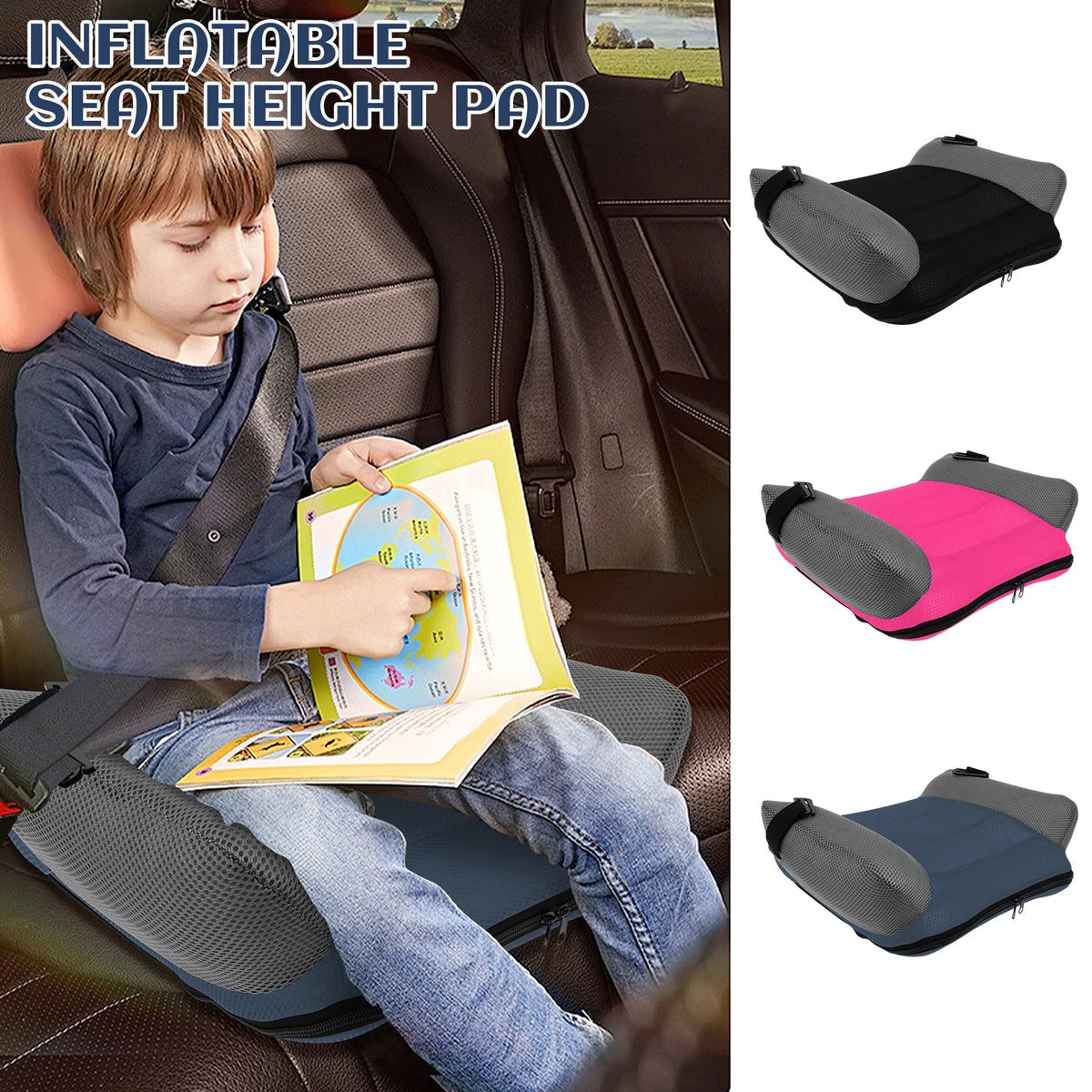 Portable Inflatable Kids Chair Cushion with PVC and Mesh Construction, Black Red or Blue Travel Seat Pad for Supervised Non-Vehicle Seating