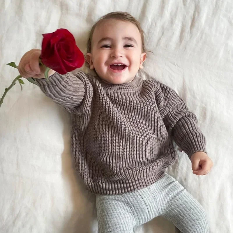 Cotton Crewneck Baby Sweater for Boys and Girls, Long Sleeve Ribbed Knit Pullover for Infants and Kids, Everyday Cool Weather Layering