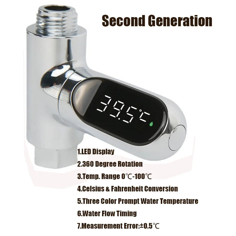 Inline Shower Water Thermometer with Large LED Temperature Display, First or Second Generation Options for Parent-Managed Bath Preparation