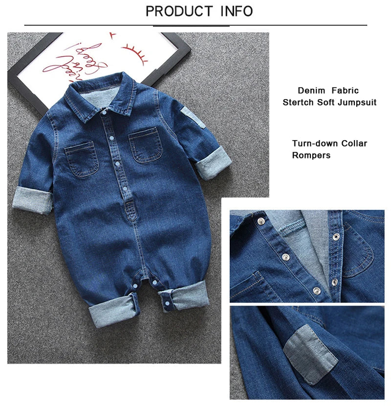 Collared Baby Denim Romper by IENENS with Chest Pockets and Snap Fastenings, Blue Long Sleeve One-Piece Outfit for Boys and Girls in 0-18M Sizes
