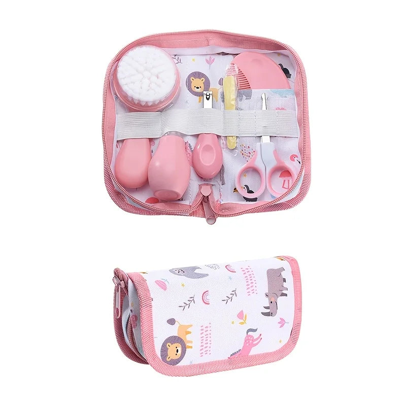 6-Piece Baby Care Kit with Animal-Print Portable Bag, Hair Brush, Comb, Nail Clipper, File, Scissors and Nasal Aspirator for Home and Travel