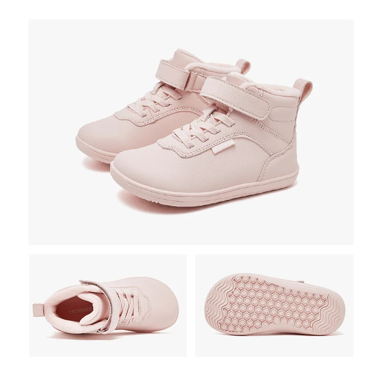 Winter Barefoot High-Top Shoes for Kids by HOBIBEAR, Wide Toe Box, Faux Fur Lining, Zero-Drop Rubber Sole and Adjustable Hook-and-Loop Strap