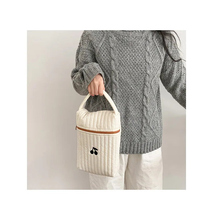 Quilted Diaper Bag with Bear Applique, Beige Cotton Zippered Baby Essentials Organizer with Carry Handle for Moms and Everyday Outings