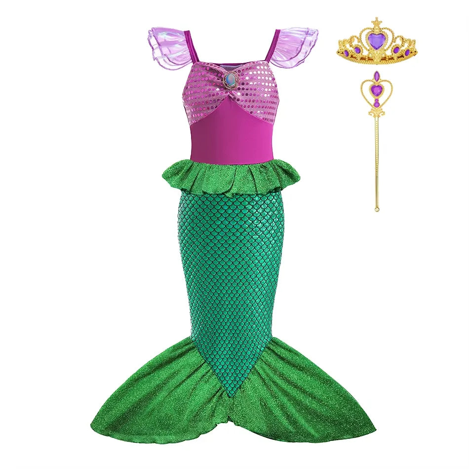 Mermaid Costume Dress for Girls with Purple Bodice, Green Scale-Pattern Skirt and Fishtail Hem for Birthdays, Halloween and Princess Dress-Up