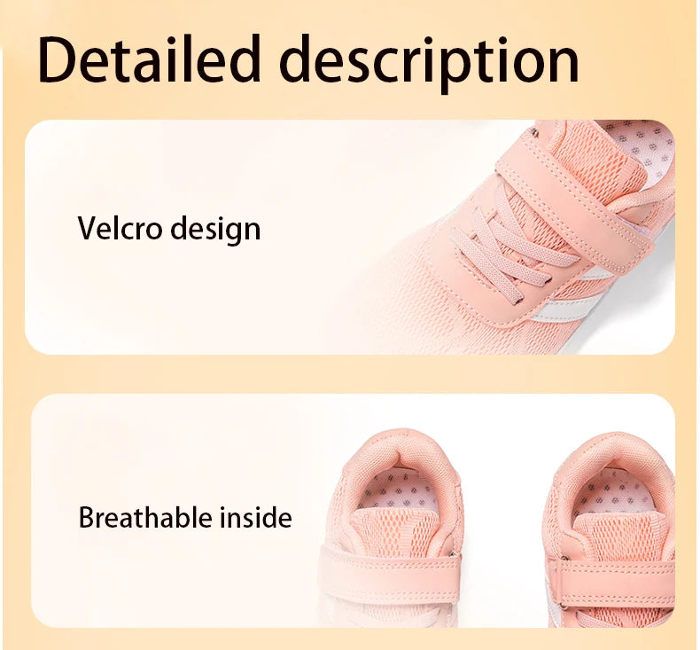 Kids Wide-Toe Mesh Sneakers with Adjustable Hook-and-Loop Strap, Contrast Side Stripes and Low-Top Casual Style in Pink, Black or Blue
