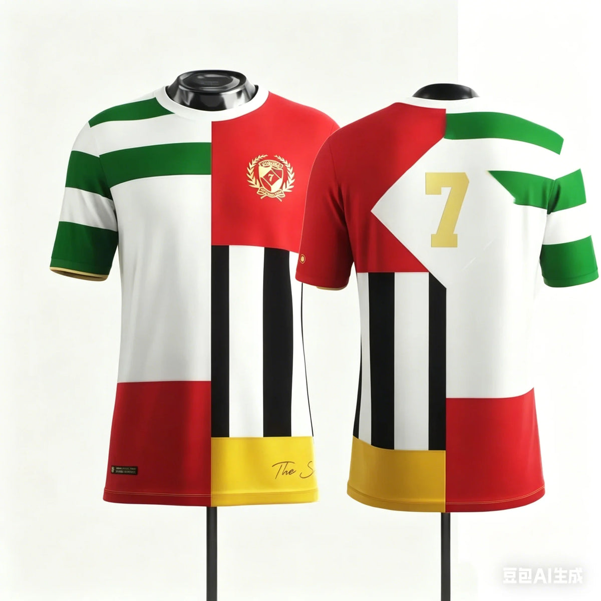 Number 7 Soccer Fan Shirt for Kids and Adults, Short Sleeve Football Jersey Style Top with Black Graphic and White Gold Designs for Family Matching
