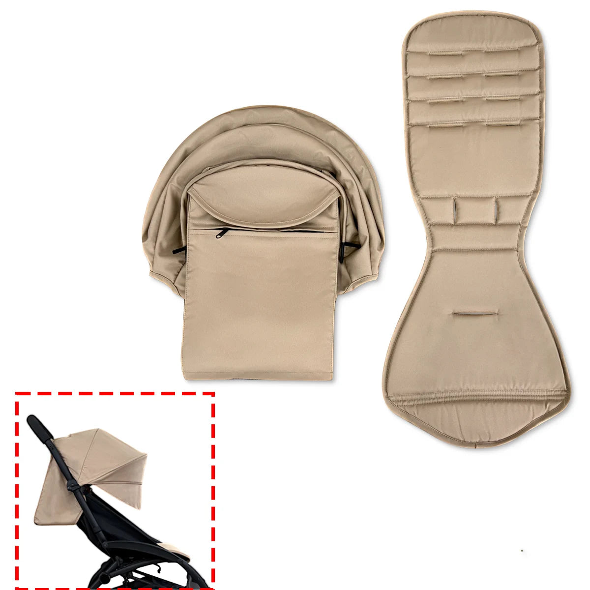 Stroller Canopy Cover and Padded Seat Set Compatible with Babyzen YOYO and YOYO2, 600D Replacement Fabric with Rear Zipper Pocket and Color Options