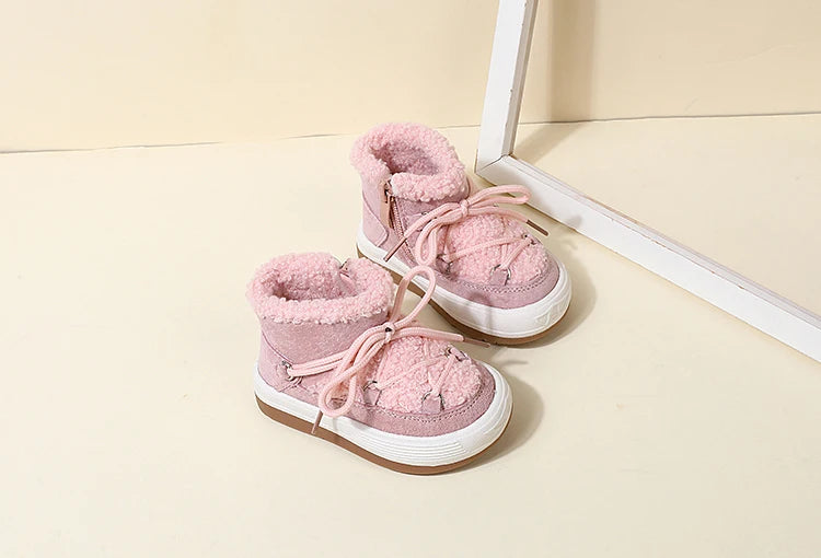 Toddler Plush Ankle Boots with Lace-Up Front, Rubber Soles and Fluffy Trim for Boys and Girls, Beige Black or Pink Cool-Weather Shoes