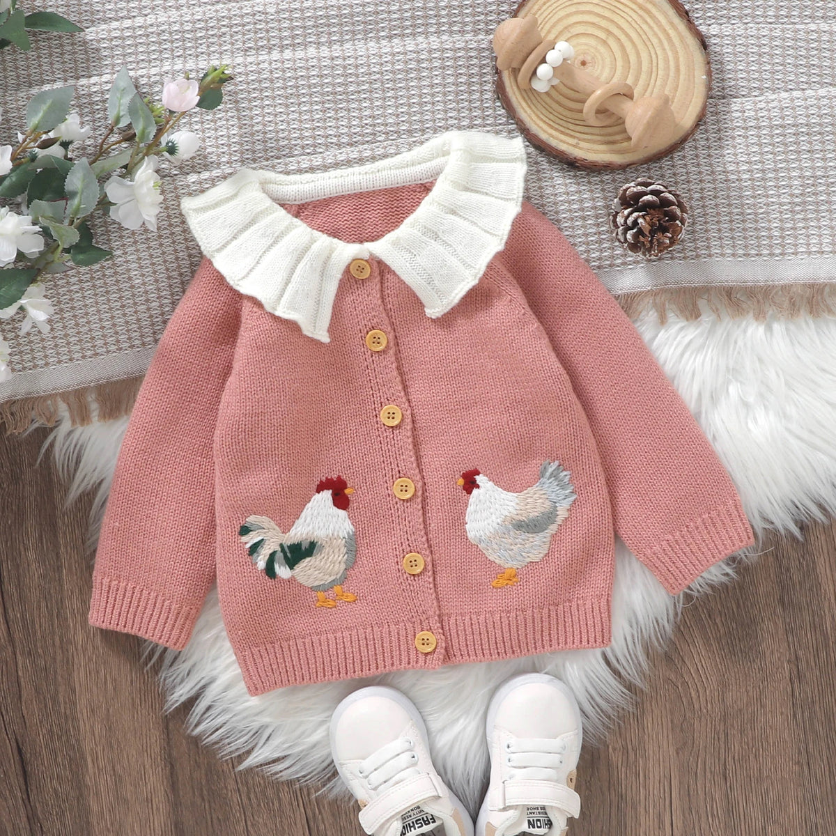 Rooster Embroidered Baby Girl Cardigan with White Ruffle Collar, Long Sleeve Button-Front Knit Sweater in Pink or Green, Sizes 6 Months to 3 Years