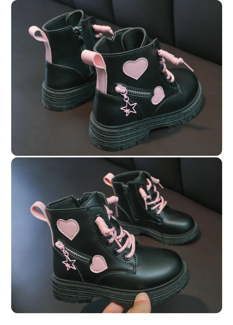 Girls Heart Ankle Boots with Lace-Up Front, Side Zipper and Star Accents, Pink or Black Fashion Shoes with Optional Plush Lining, Sizes 26–37
