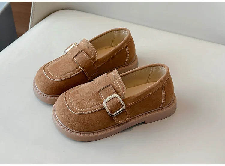 Girls Buckle Loafers with Rounded Toe and Stitched Detail, Brown or Khaki Casual Flats for School Outfits, Spring and Fall Days