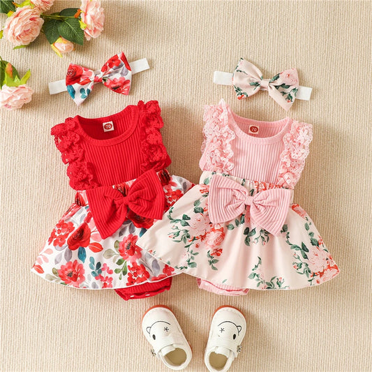 Baby Girl Summer Romper with Headband, Floral Print Cotton Blend Sleeveless Outfit with Lace Trim and Front Bow for 0-18 Months