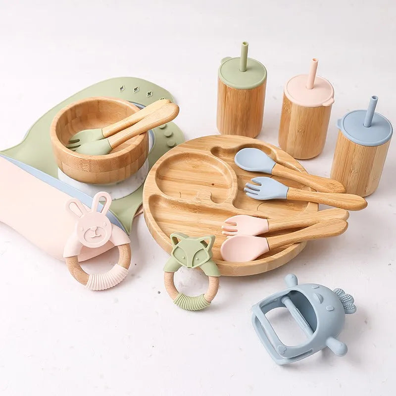 Bamboo Baby Tableware Set with Animal Plate Designs, Bowl, Cup and Wooden-Handle Utensil Options for Supervised Infant and Toddler Mealtimes