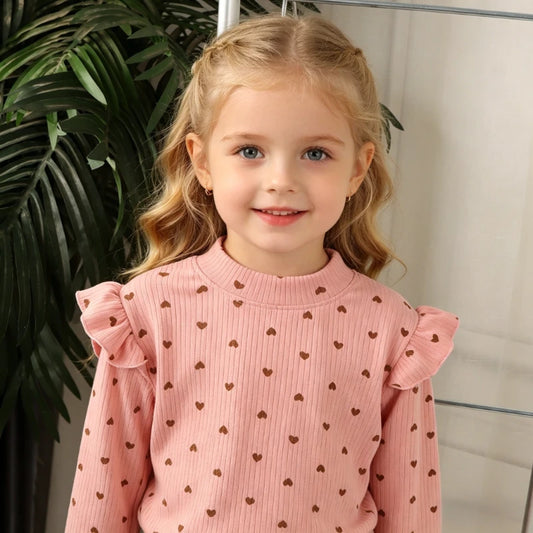 Toddler Ruffle Shoulder Long Sleeve Tops, Heart or Floral Print Crewneck Shirts in Pink and Beige, Sizes 12M-5T for Everyday Layering