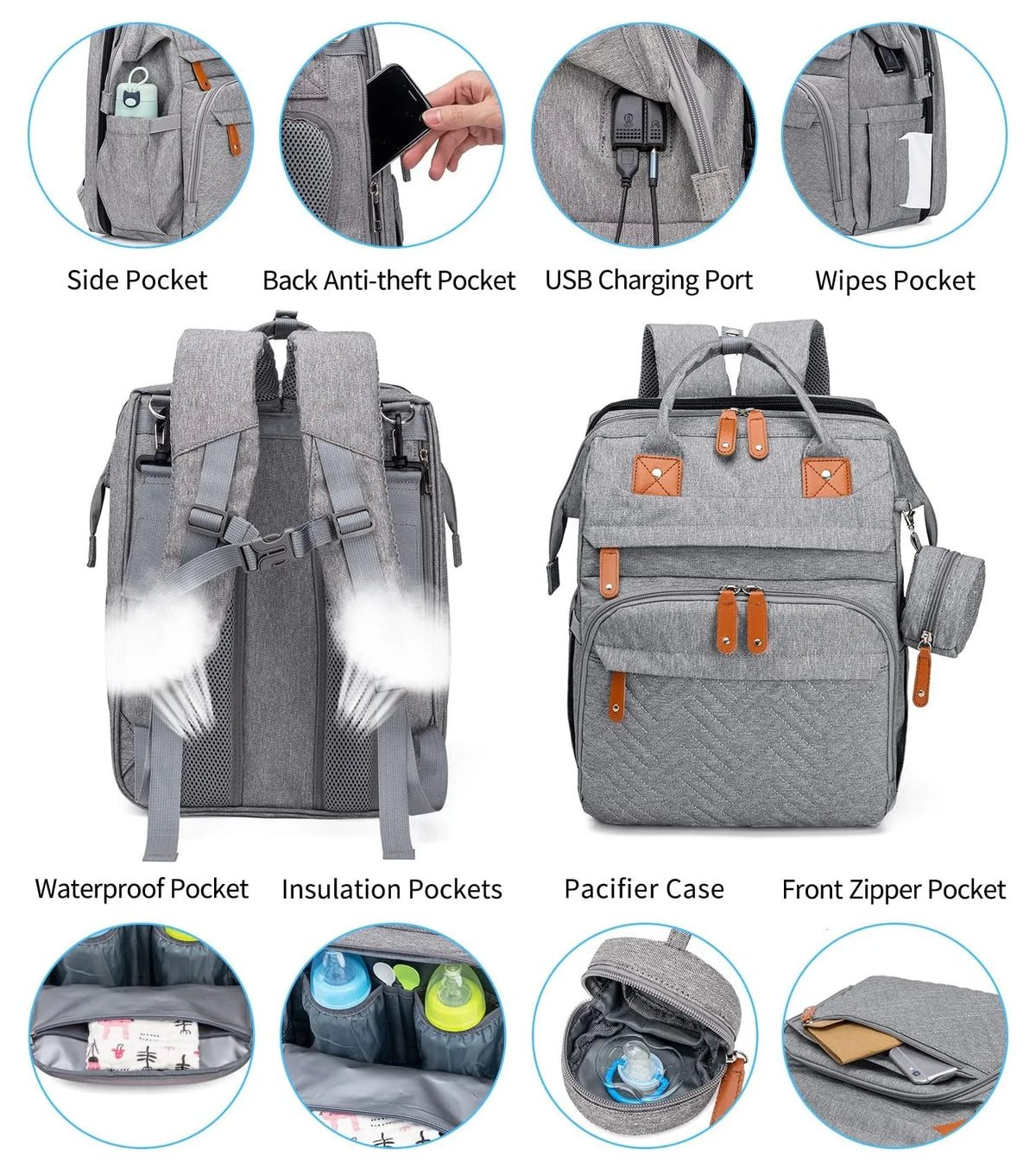 19-Pocket Diaper Backpack with Detachable Changing Station and USB Port, Baby Essentials Organizer with Pacifier Case for Moms and Dads
