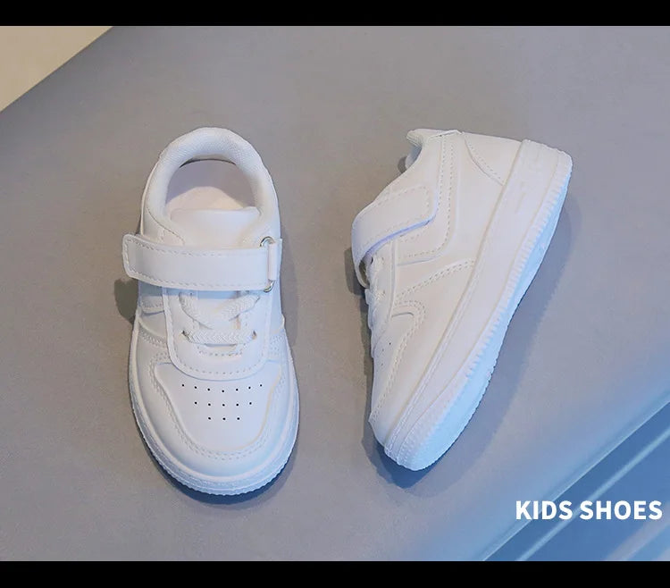 Kids White Low-Top Sneakers with Adjustable Strap, Perforated Toe and Silver Heel Detail for Boys and Girls Spring and Fall Casual Outfits