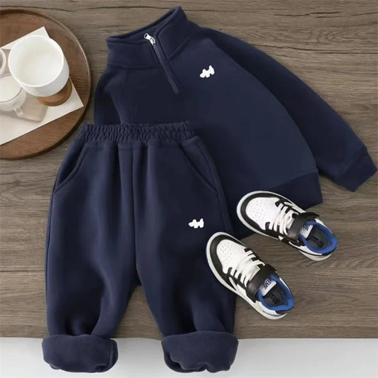 Kids Fleece Outfit Set with Half Zip Sweatshirt and Matching Pants in Grey or Navy, Long Sleeve Casual Clothing for Boys and Girls in Sizes 2T-14