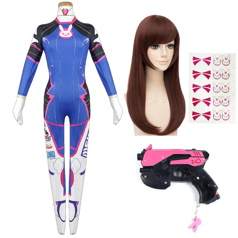 D.va Cosplay Costume and Accessory Options for Women, Blue Character Jumpsuit, Wig, Headset and Prop Selections for Halloween and Conventions