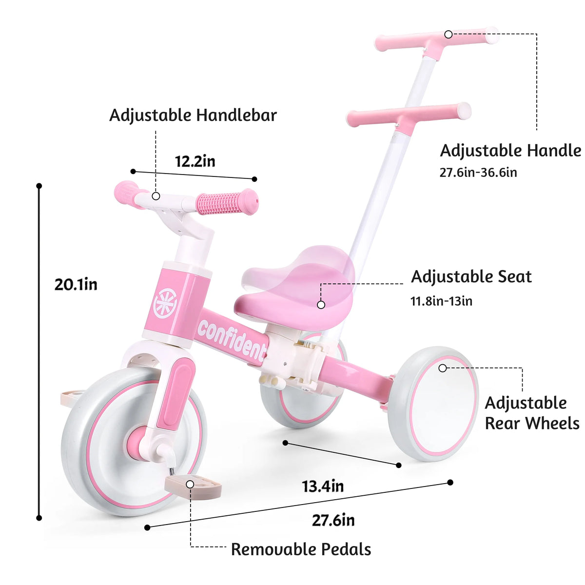 Toddler Tricycle 3-in-1 with Parent Push Handle, Pink Ride-On with Quiet EVA Wheels, Carbon Steel Frame and Adjustable Seat for Ages 1ā4