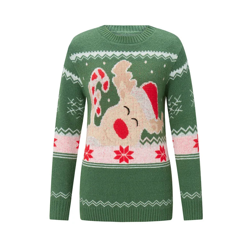 Reindeer Family Christmas Sweaters in Red or Green, Matching Mom Dad and Kids Long Sleeve Crewneck Pullovers for Holiday Photos and Parties