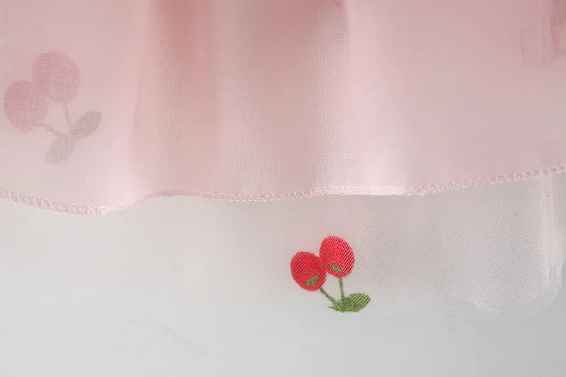 Baby Girl Cherry Dress, Pink or White Layered Skirt with Blue Ruffle Shoulder Straps and Front Bow for Summer Parties and Birthday Photos
