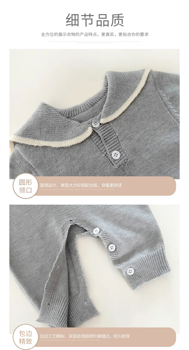 Sailor Collar Baby Knit Romper with Long Sleeves and Button Fastenings, Footless One-Piece Outfit in Gray, Stripe or Dark Blue, Sizes 66-100