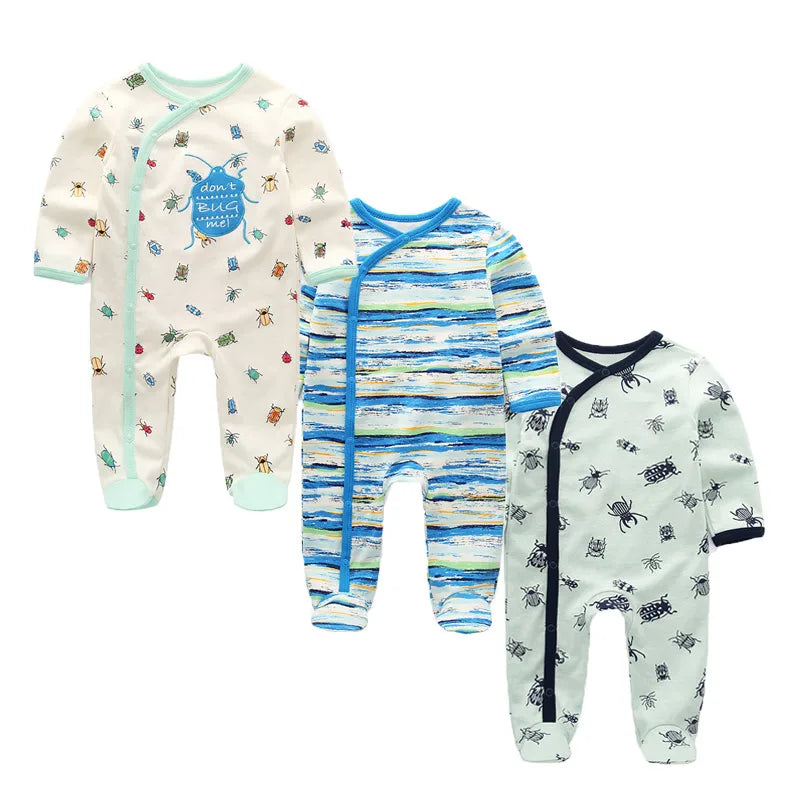Baby Footed Jumpsuits 3-Pack, 100% Cotton Long Sleeve Cartoon Rompers for Newborn Boys and Girls, Fall and Winter Everyday Outfits