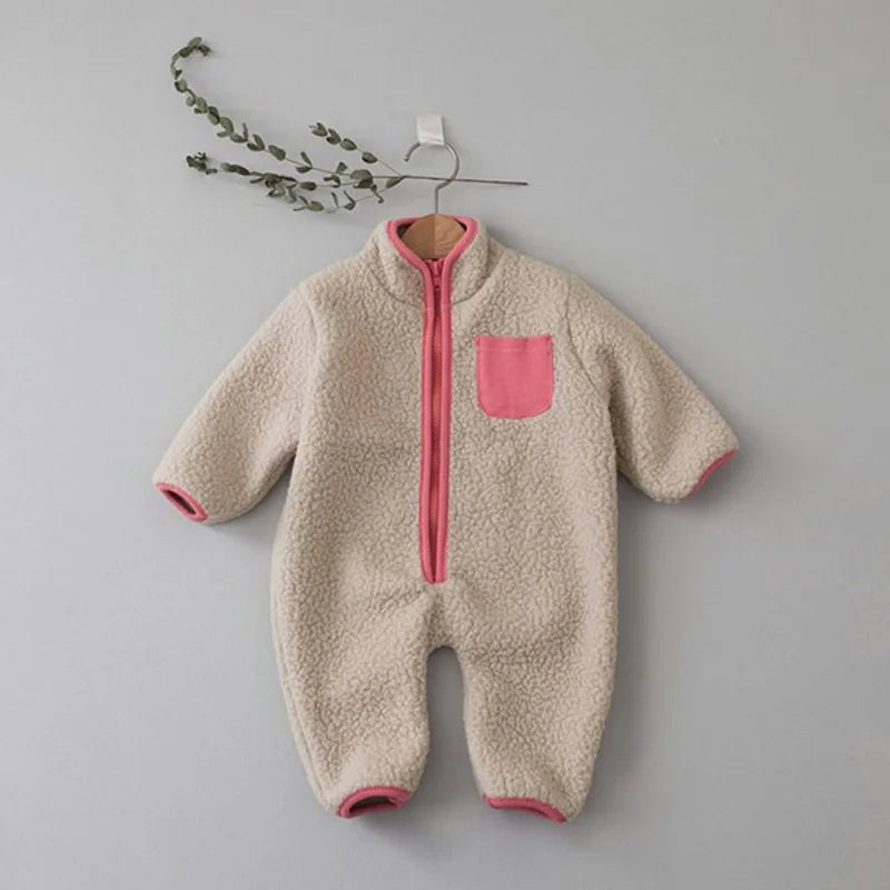 Zip Front Baby Fleece Romper by MILANCEL with Contrast Chest Pocket, Long Sleeve Footless One-Piece Outerwear in Brown, Beige and Green, 3-24M