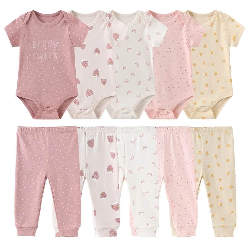 Baby Bodysuit and Pants Set, 10-Piece Kiddiezoom Infant Clothing Bundle with Short-Sleeve Tops for Boys and Girls, Sizes 3M-12M
