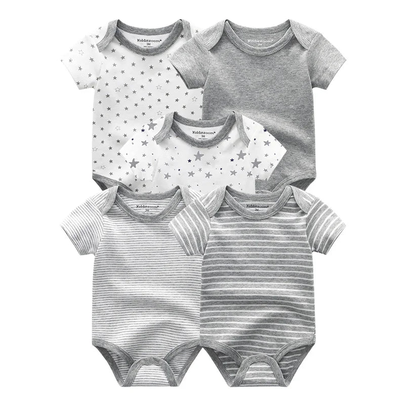 Cotton Baby Bodysuit Set of 5, Short Sleeve and Sleeveless Infant Clothing Styles with Solid Colors and Prints for Boys and Girls, 3M-12M