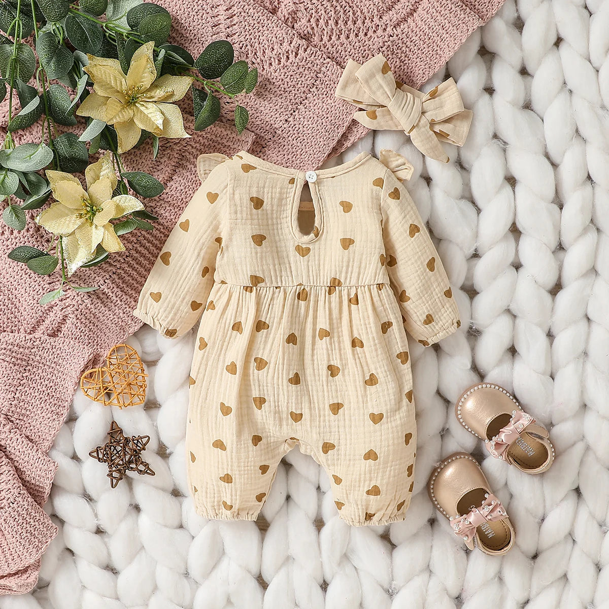 Baby Girl Heart Print Romper with Shoulder Ruffles and Bow Details, Long Sleeve Cotton Jumpsuit with Inner-Leg Snaps, Sizes 0-6 Months