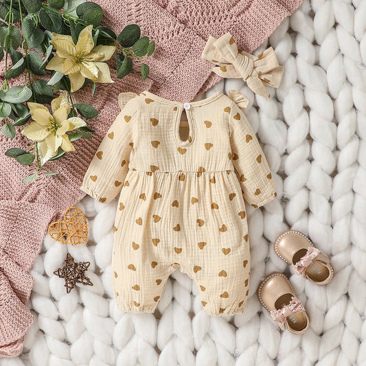 Baby Girl Heart Print Romper with Shoulder Ruffles and Bow Details, Long Sleeve Cotton Jumpsuit with Inner-Leg Snaps, Sizes 0-6 Months