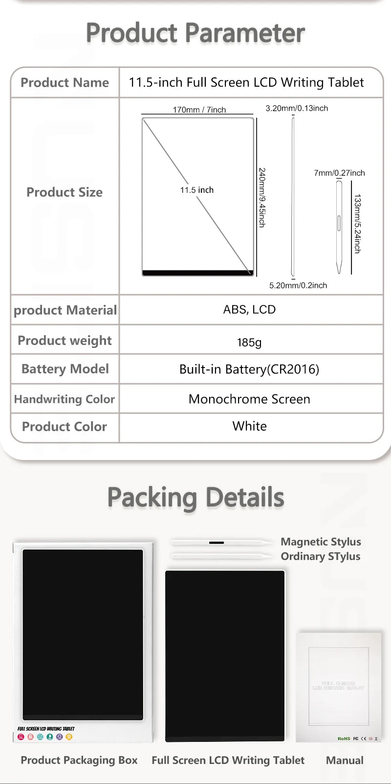 Fine-Line LCD Writing Tablet, 11.5-Inch Full-Screen Drawing Board with Magnetic Stylus for Kids Handwriting Practice, Math and Family Memos