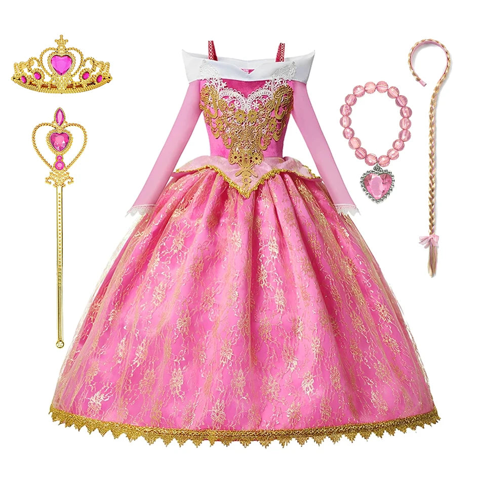Pink Princess Costume Dress for Girls with Gold-Tone Detailing and Long Sleeves, Aurora-Inspired Party Dress-Up with Selectable Bundle Options