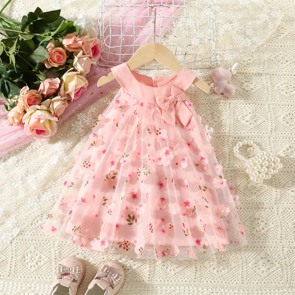 Baby Girl Floral Mesh Dress with Bow, Sleeveless Party Dress in Infant and Toddler Sizes for Birthdays, Family Photos and Summer Celebrations