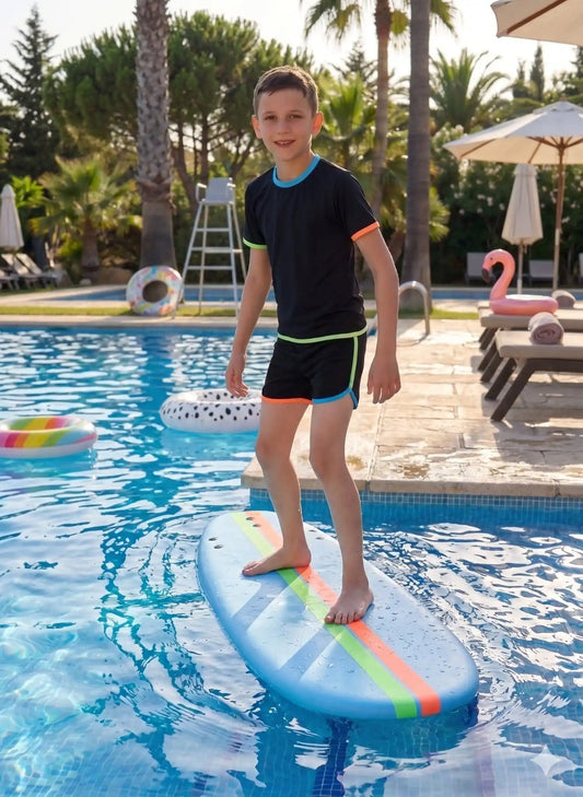 Kids Color Trim Swimwear in Black, Girls One-Piece Swimsuit and Top Skirt Options, Boys Swim Sets and Coordinating Separates for Beach Vacations