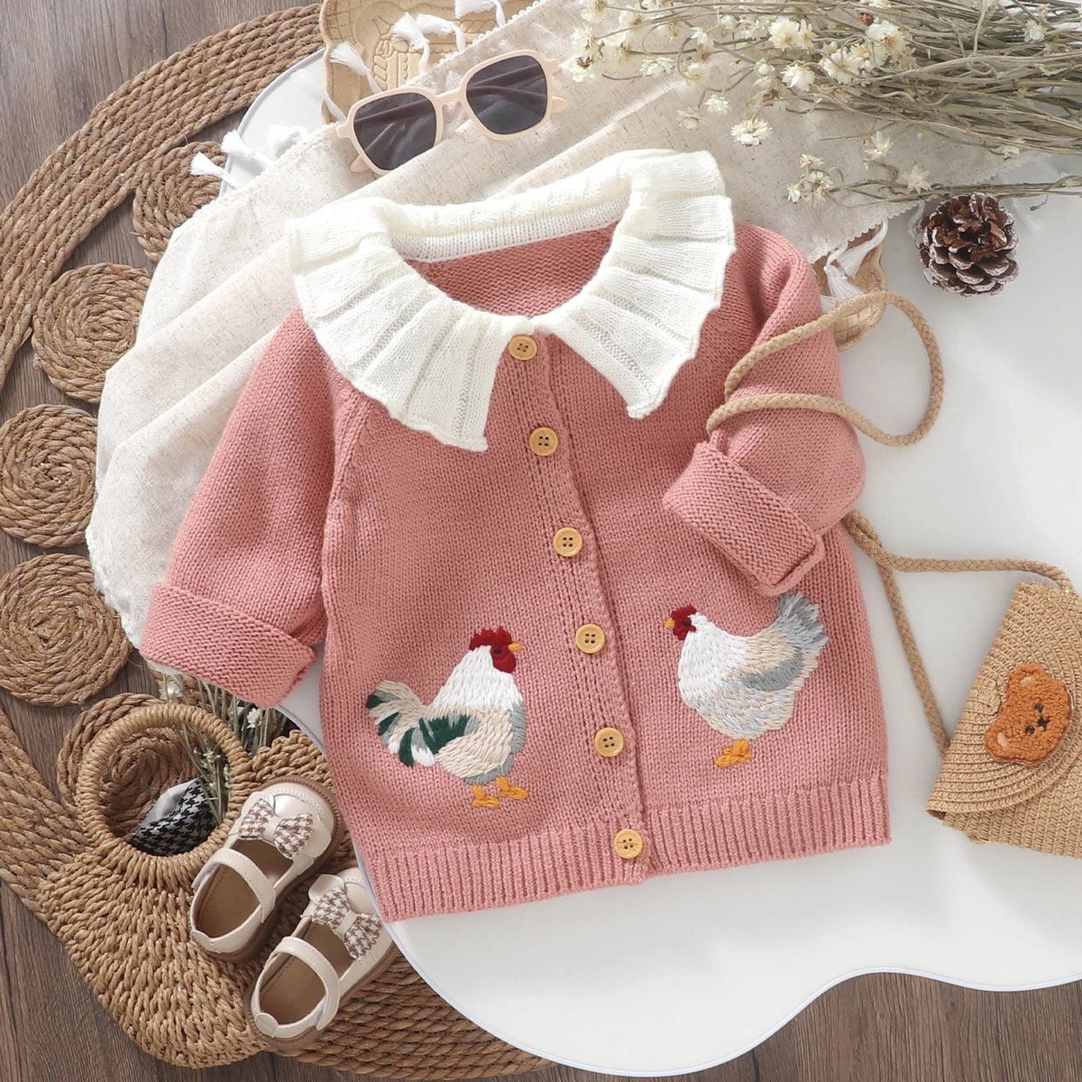 Rooster Embroidered Baby Girl Cardigan with White Ruffle Collar, Long Sleeve Button-Front Knit Sweater in Pink or Green, Sizes 6 Months to 3 Years