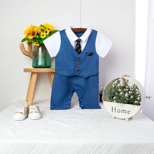 Baby Boy Formal Romper with Blue Vest Look, White Collar and Striped Tie Detail, Short Sleeve Wedding and Birthday Outfit, 3-24 Months