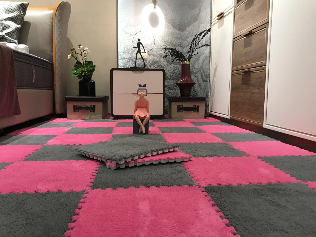 Plush Carpet Puzzle Mat, 20-Piece Interlocking EVA Foam Floor Tiles in Two-Color Options, 30 x 30 x 1 cm Squares for Nursery and Kids Rooms