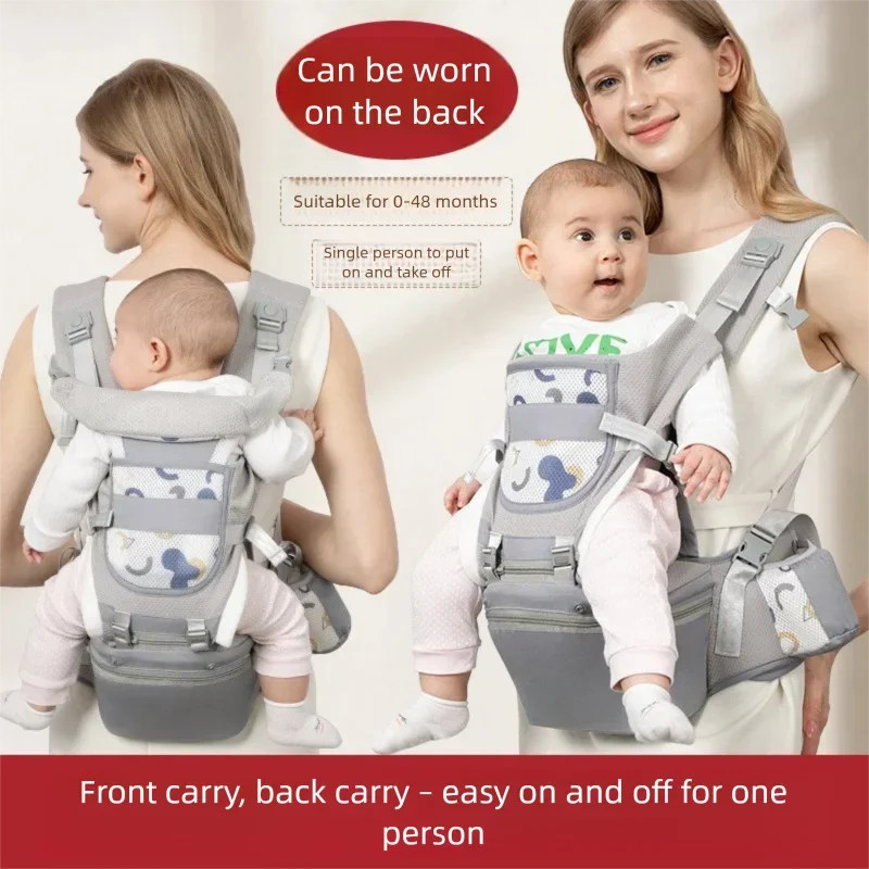 Front and Back Baby Carrier with Hip Seat, Adjustable Buckle Straps and Wide Waist Belt, Gray or Dark Blue Babywearing for Family Outings