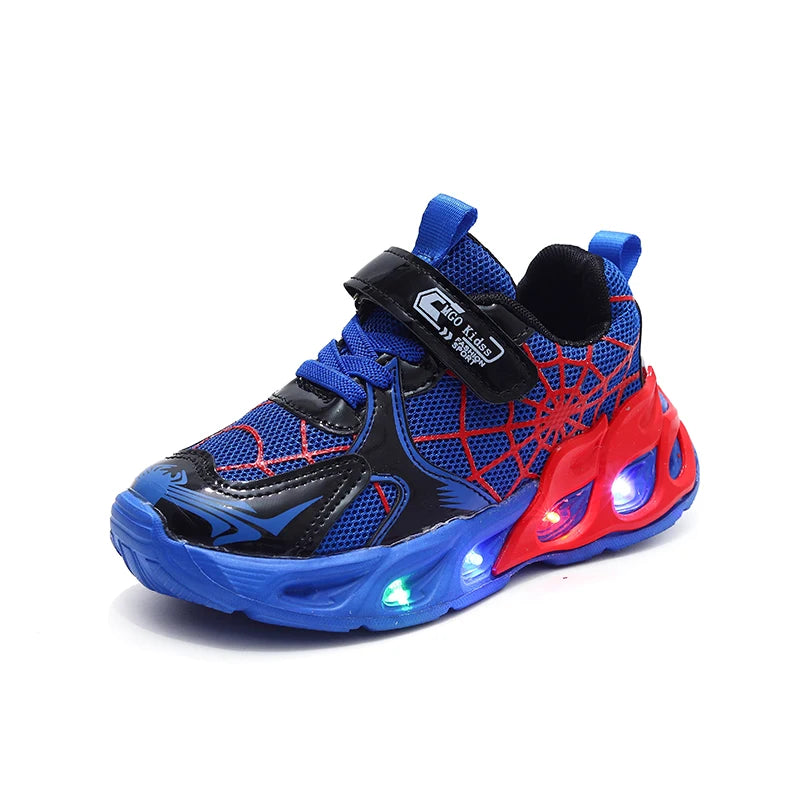 Motion-Activated Light-Up Sneakers for Kids, MGO Breathable Mesh Shoes with Spider-Web Pattern and LED Soles in Red, Blue or Black