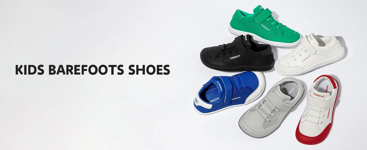 Kids Colorblock Barefoot Sneakers by HOBIBEAR with Breathable Mesh, Wide Toe Box, Zero-Drop Design and Easy Strap for Everyday Walking